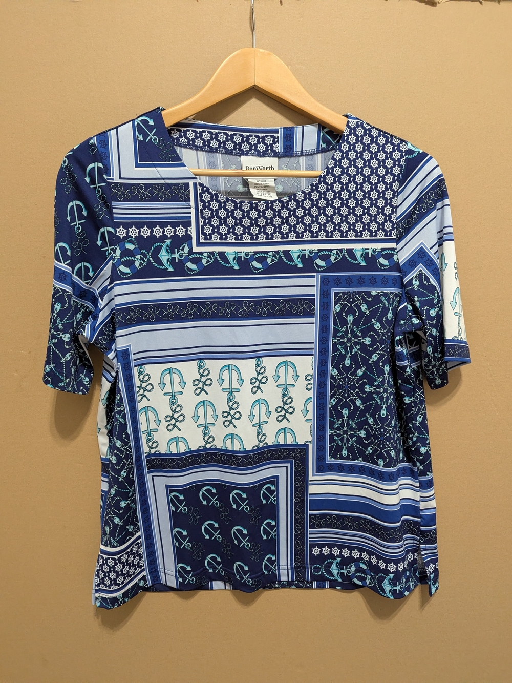 Bonworth Nautical Patchwork Print Top Small Petite Coastal Grandma Anchor Blue